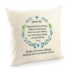 Poduszka na pamiątkę Komunii świętej z życzeniami od Matki lub Ojca Chrzestnego