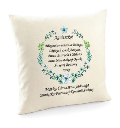 Poduszka na pamiątkę Komunii świętej z życzeniami od Matki lub Ojca Chrzestnego