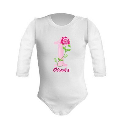 Body na roczek dla dziewczynki z jedynką i różą