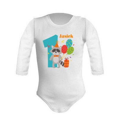 Body na roczek dla chłopca z imieniem i szopem z balonami
