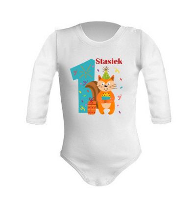 Body na roczek dla chłopca z imieniem i wiewiórką