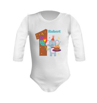 Body na roczek dla chłopca z imieniem i słonikiem z balonami