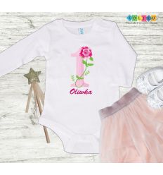 Body na roczek dla dziewczynki z jedynką i różą
