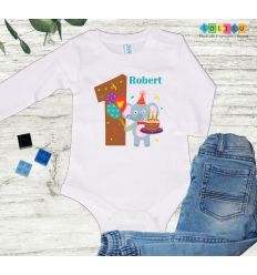 Body na roczek dla chłopca z imieniem i słonikiem z balonami