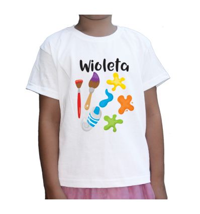 Koszulka plastyka dla dzieci z imieniem kleksy z farb