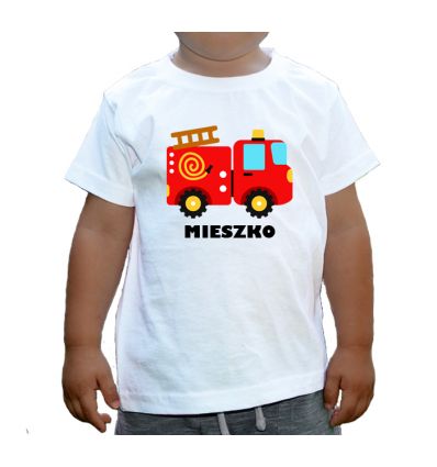 Koszulka z wozem strażackim z imieniem dziecka