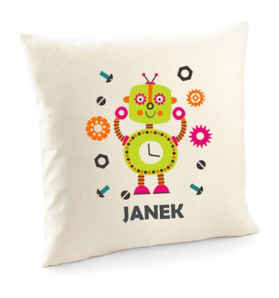 Poduszka z zielonym robotem z imieniem dziecka poszewka