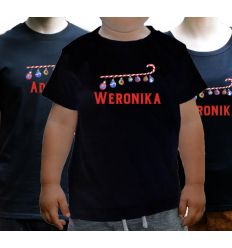 Koszulki świąteczne dla rodziny czarne z imieniem bombki